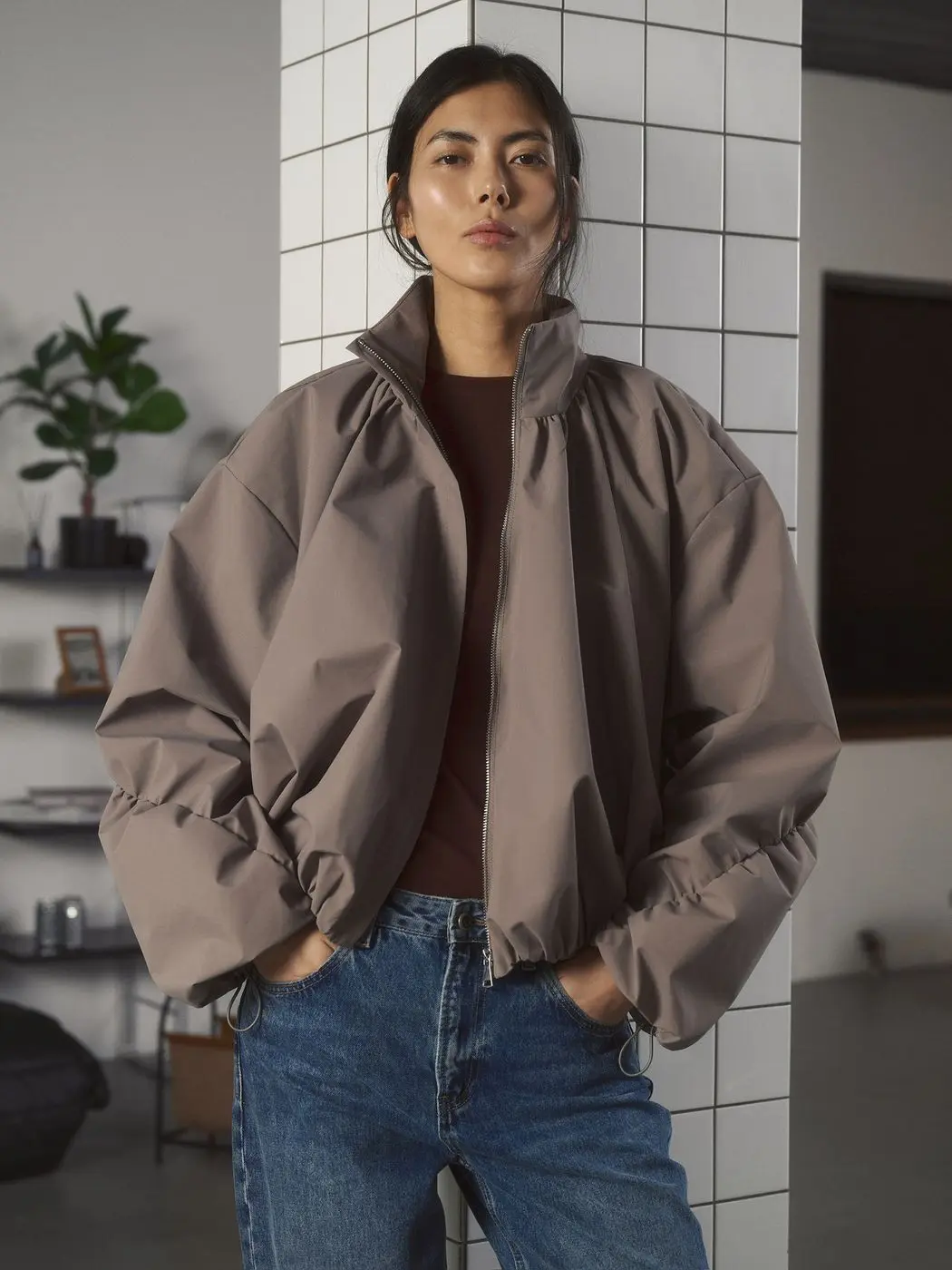 Куртка со сборками, серо-бежевый