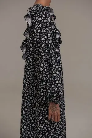 Платье миди с рюшами, черный ( принт: цветы)