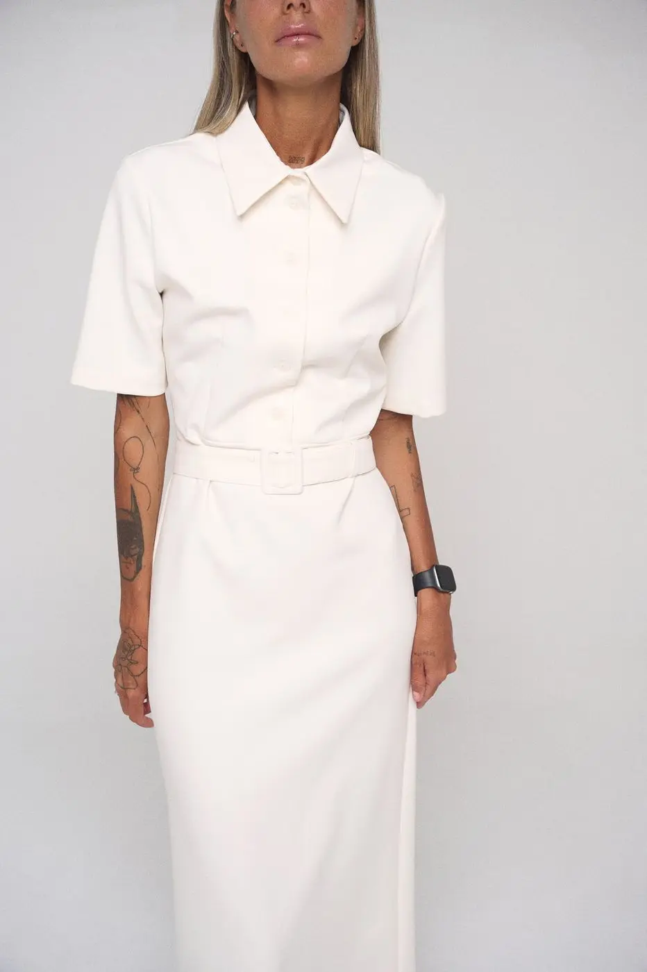 Платье миди с пуговицами на груди, молочный