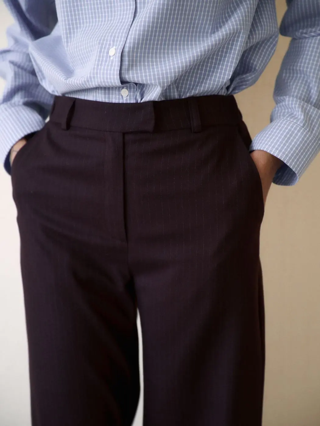 Брюки прямые из шерсти, бордовый (принт:Полоска)