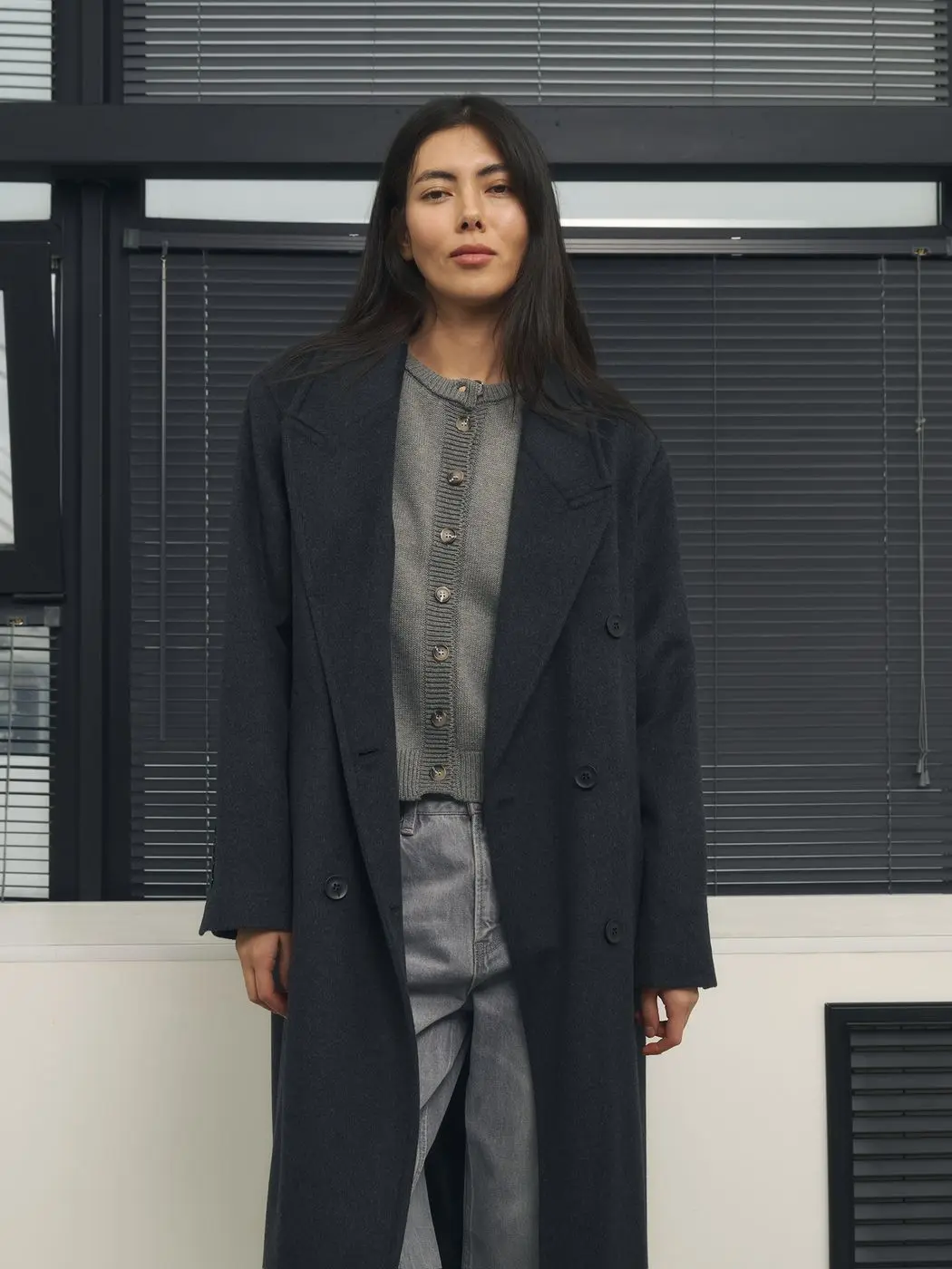 Пальто макси двубортное, графитовый