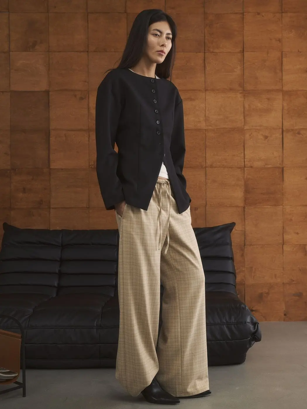 Брюки в клетку на кулиске, бежевый