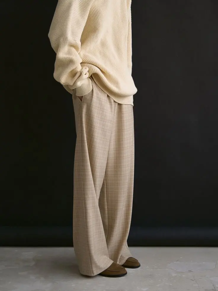 Брюки в клетку на кулиске, бежевый