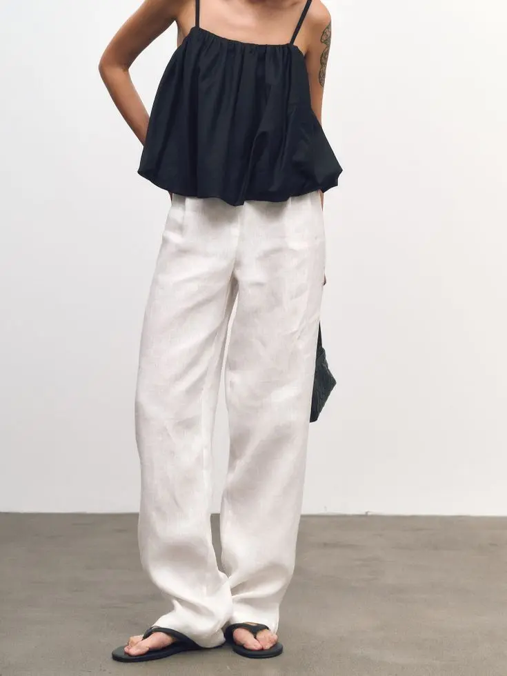 Брюки широкие изо льна, молочный