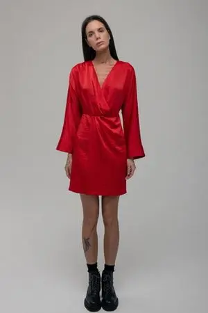 Платье мини со складками на талии, красный