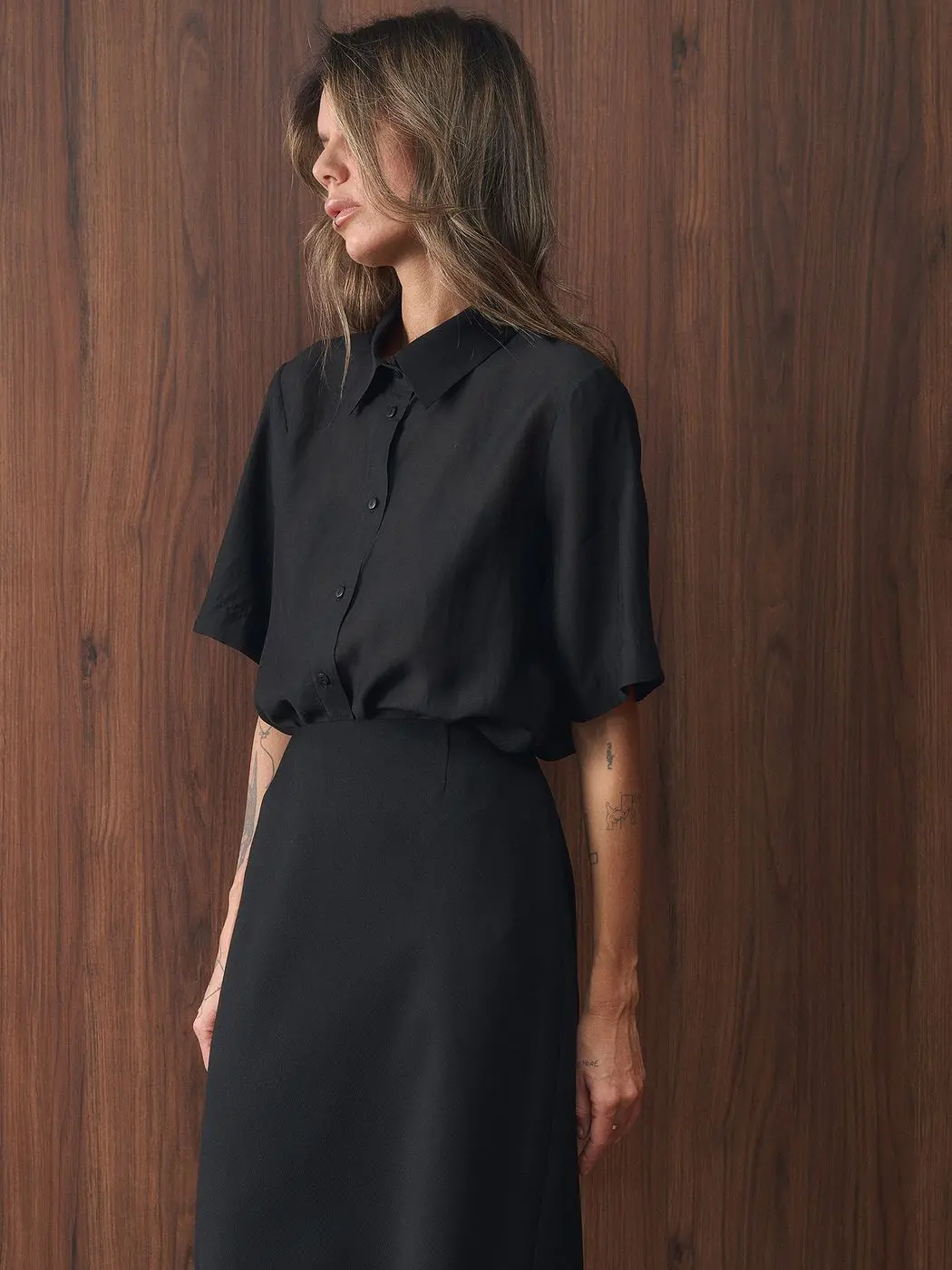 Рубашка объемного кроя из органзы, черный