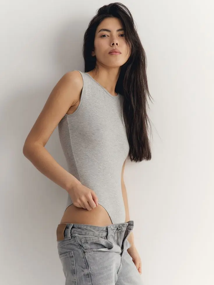 Боди без рукавов, серый меланж