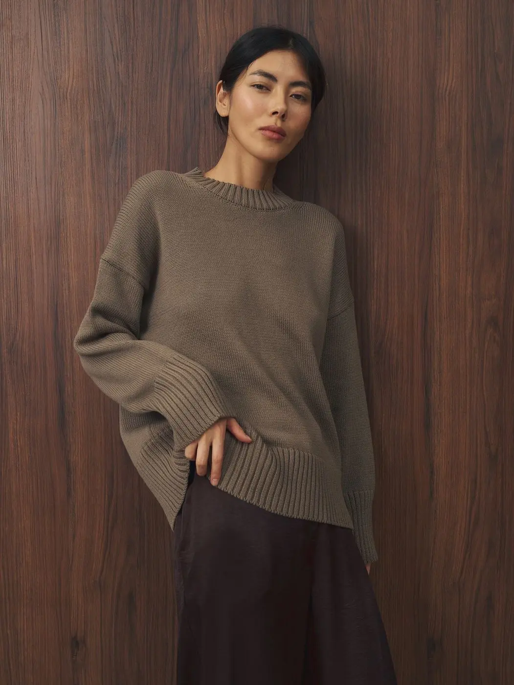 Джемпер объемный прямого кроя, серо-бежевый