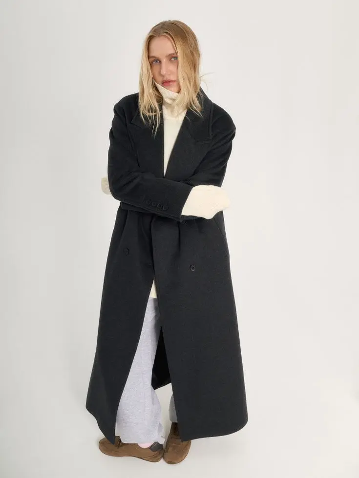 Пальто макси двубортное, графитовый