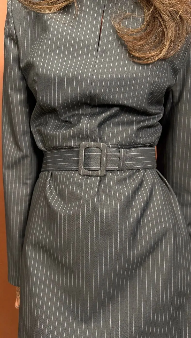 Платье мини с поясом, серый (принт:Полоска)