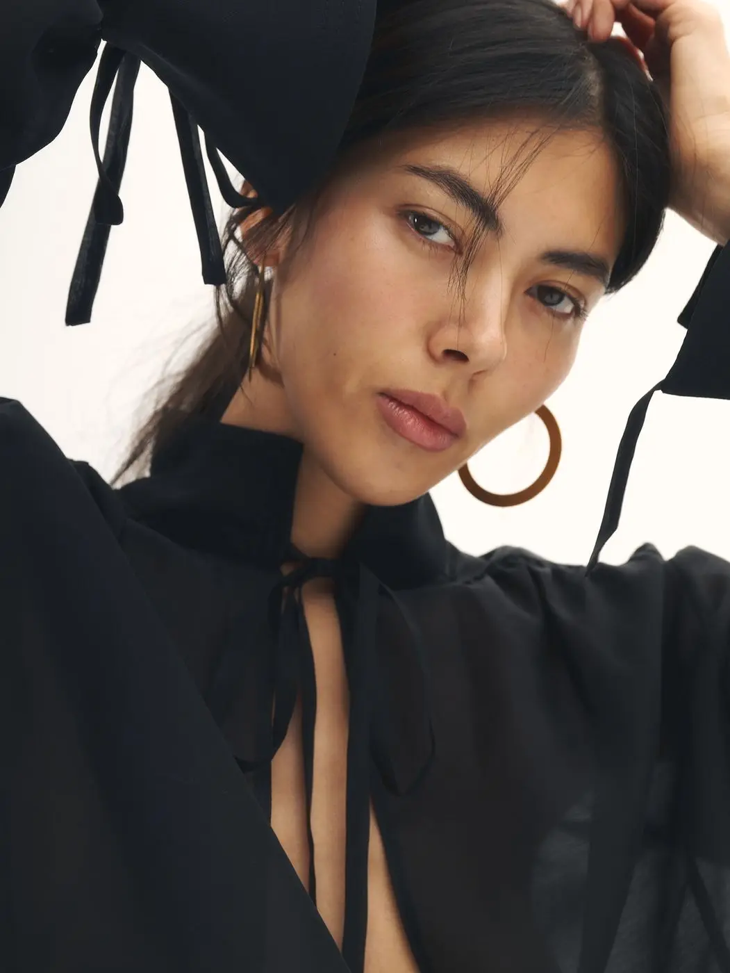 Блуза из органзы с завязками, черный