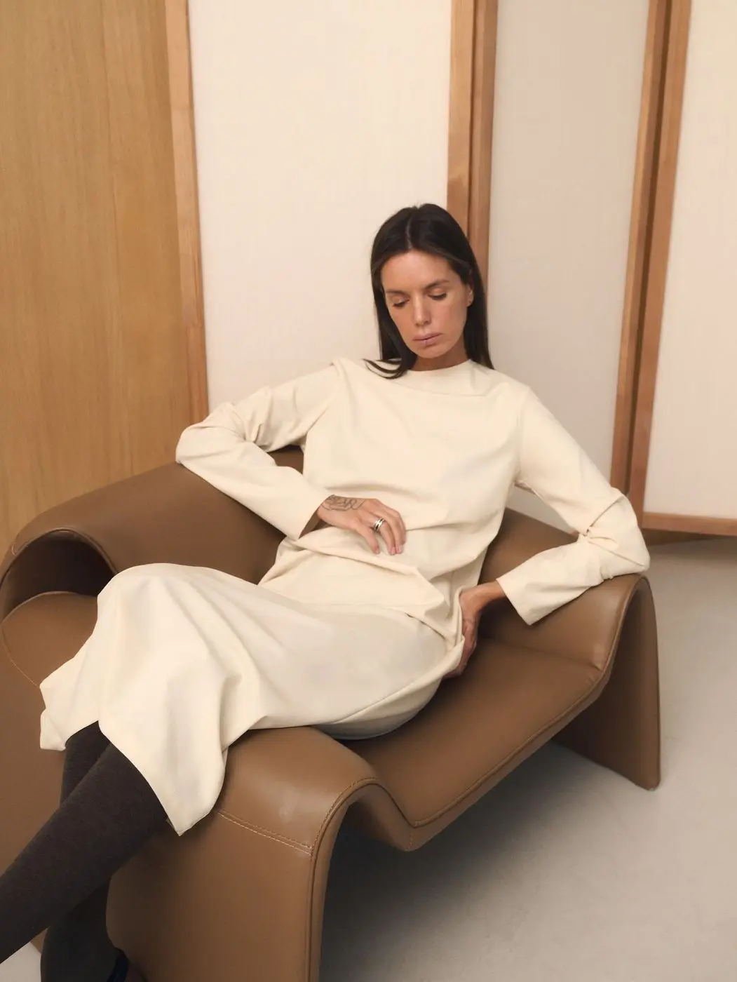 Платье макси с рукавом, кремовый