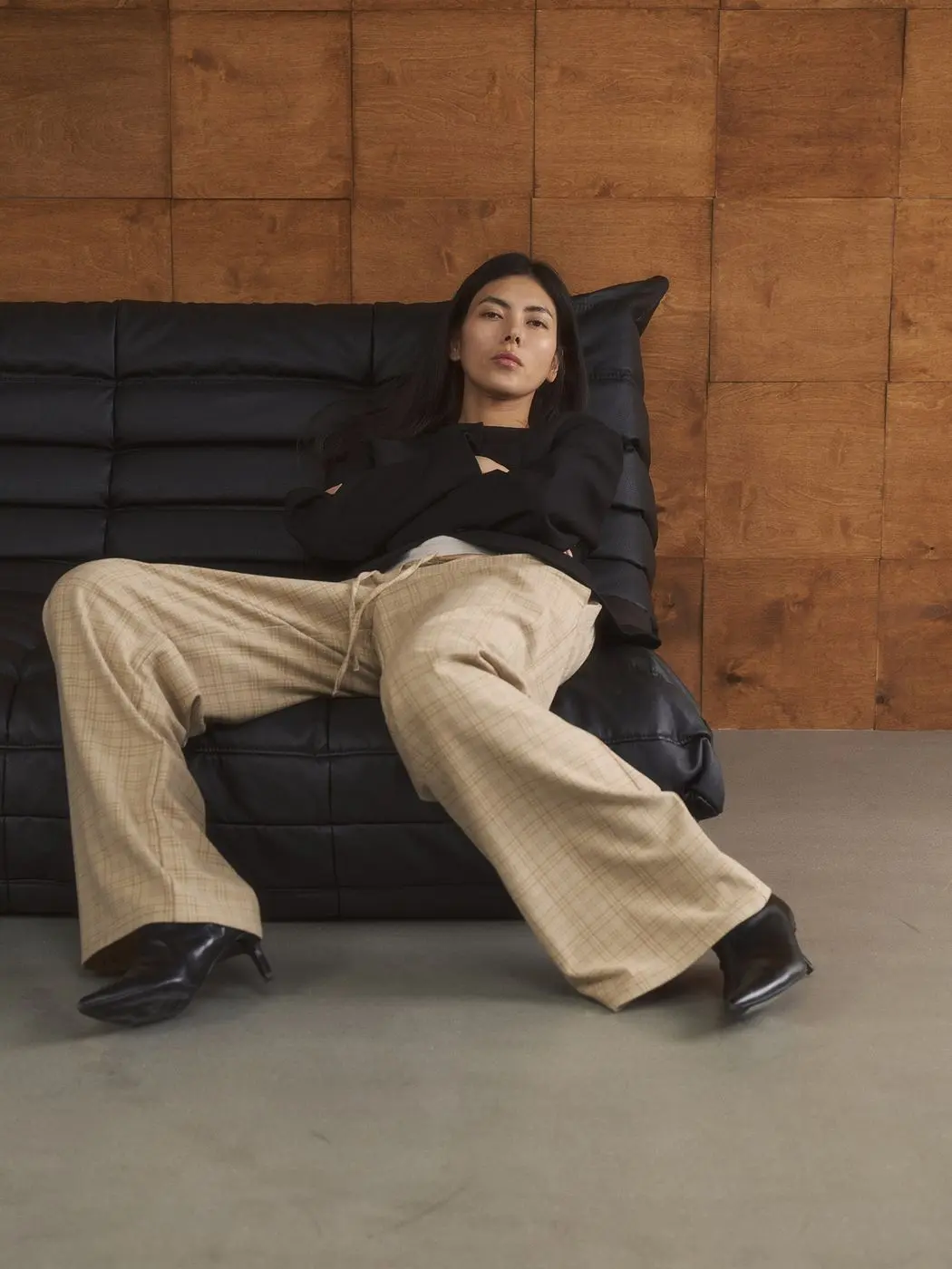 Брюки в клетку на кулиске, бежевый