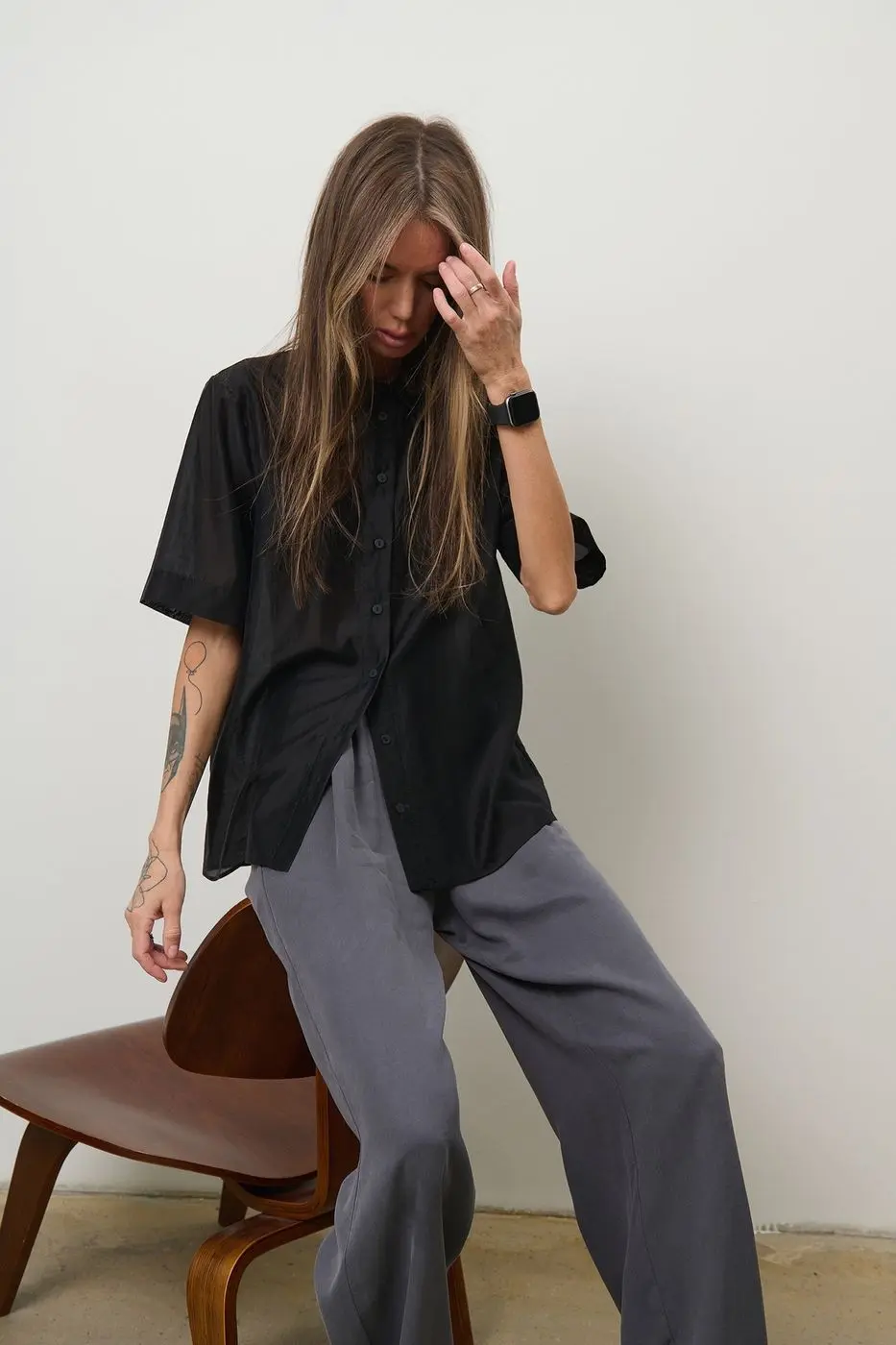 Рубашка объемного кроя из органзы, черный