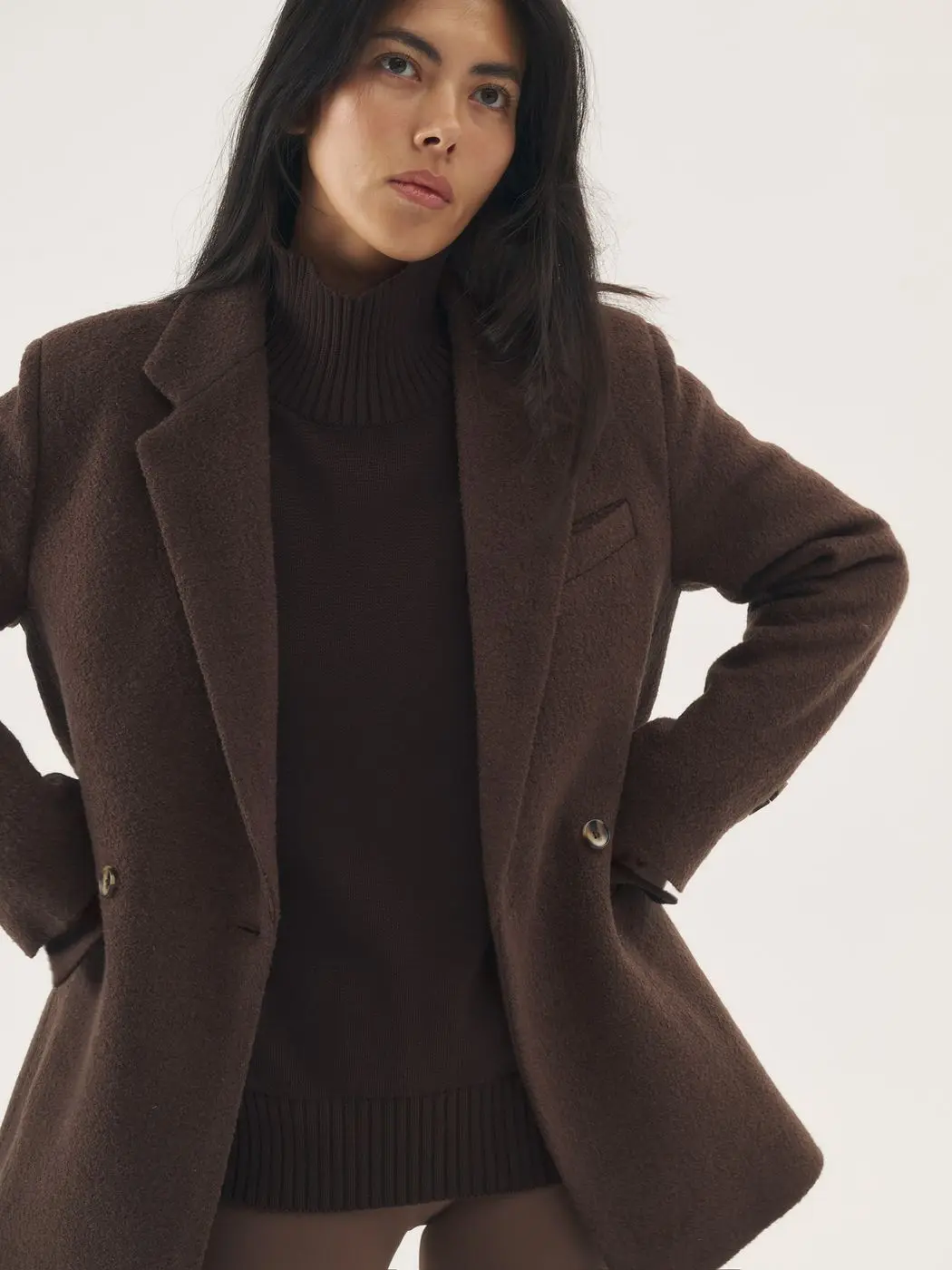 Пальто-пиджак из фактурной шерсти, шоколадный