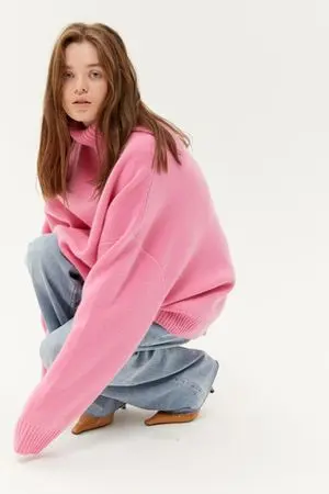 Объемный свитер из шерсти и кашемира с воротником, розовый