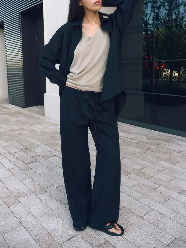 Брюки на кулиске изо льна, черный