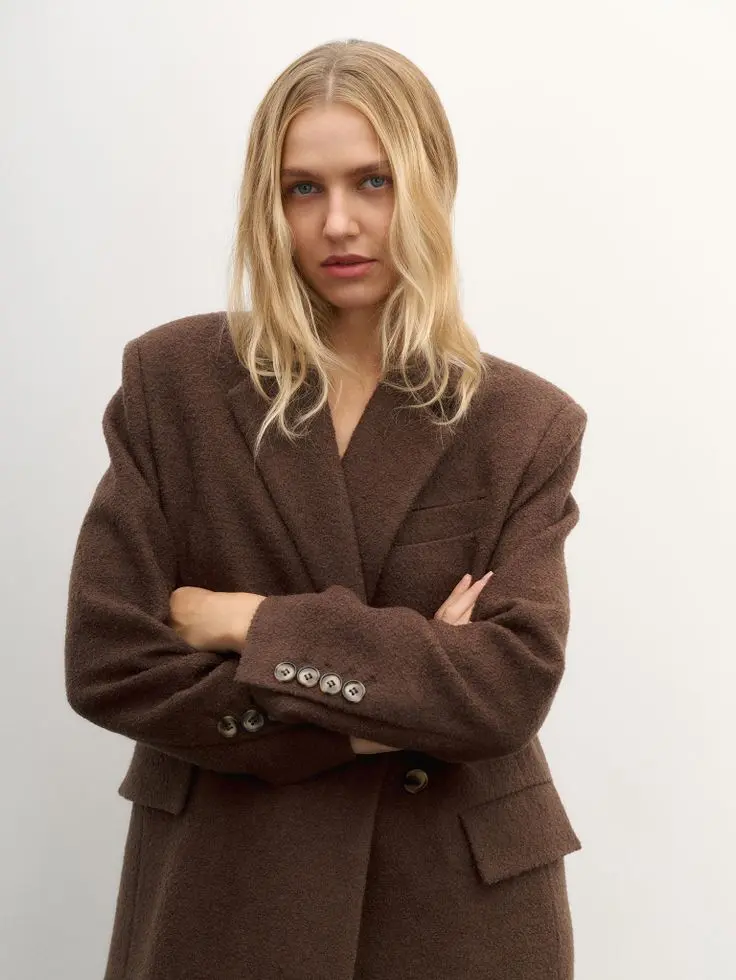 Пальто-пиджак из фактурной шерсти, шоколадный