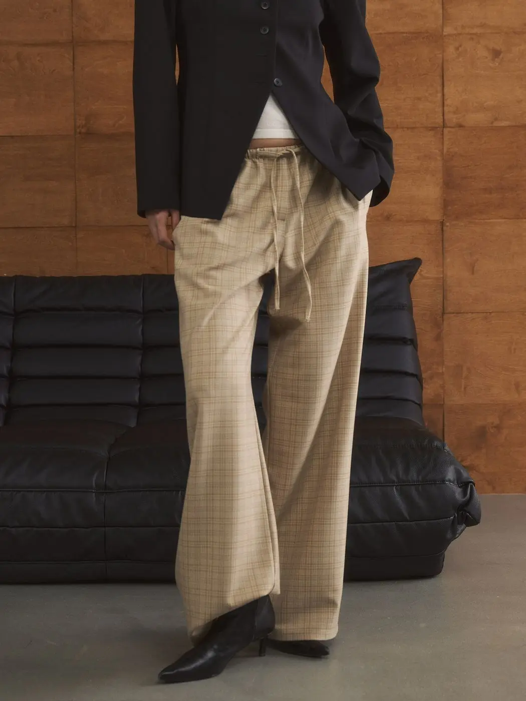 Брюки в клетку на кулиске, бежевый