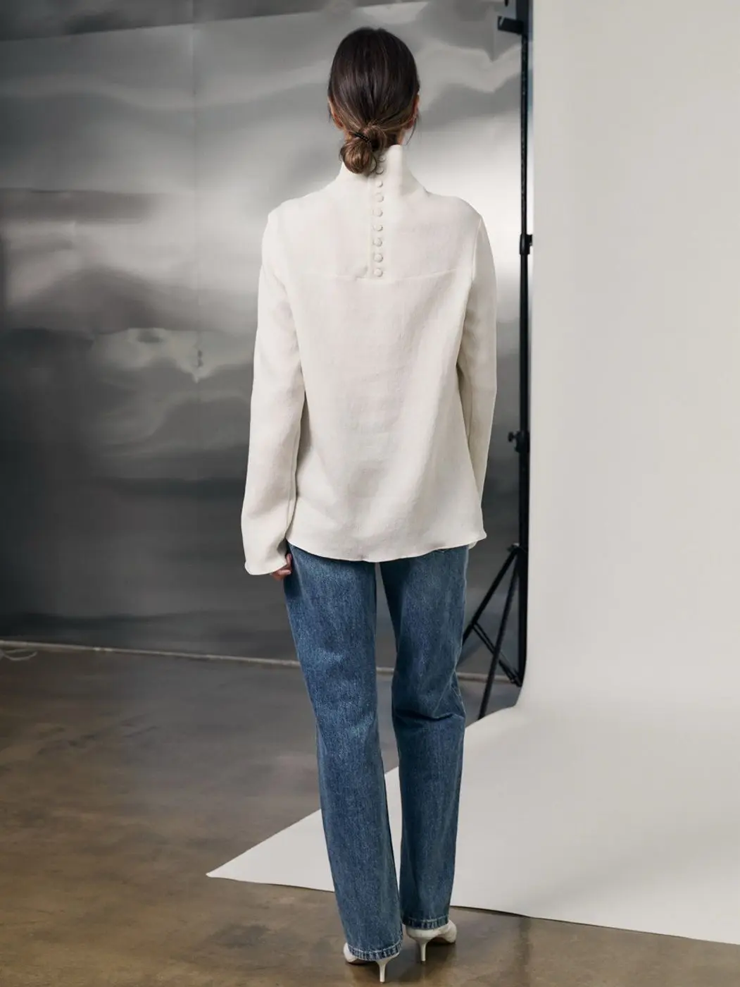 Блуза с пуговицами на воротнике, кремовый