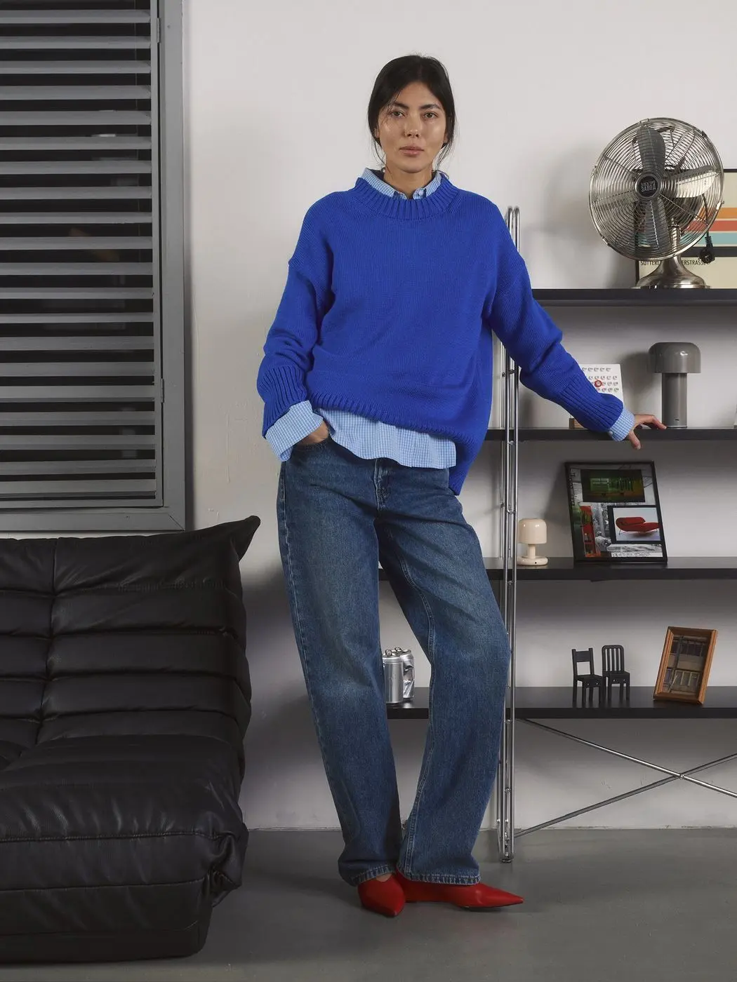 Джемпер объемный прямого кроя, синий