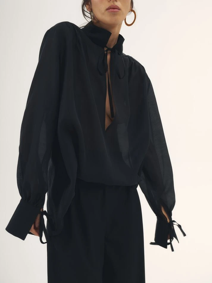 Блуза из органзы с завязками, черный