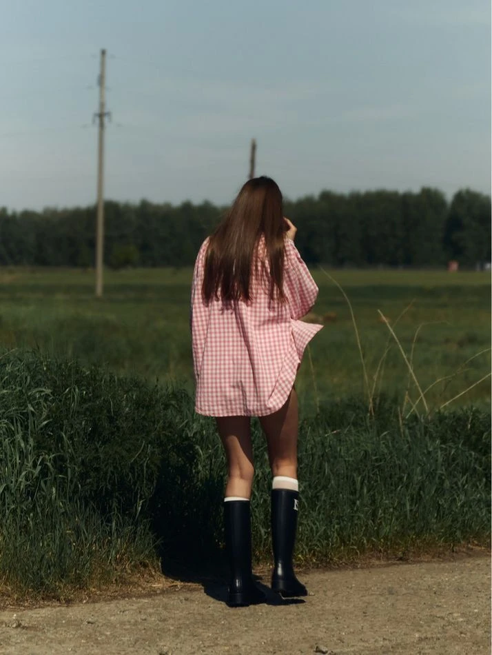 Рубашка в клетку на кнопках, розовый