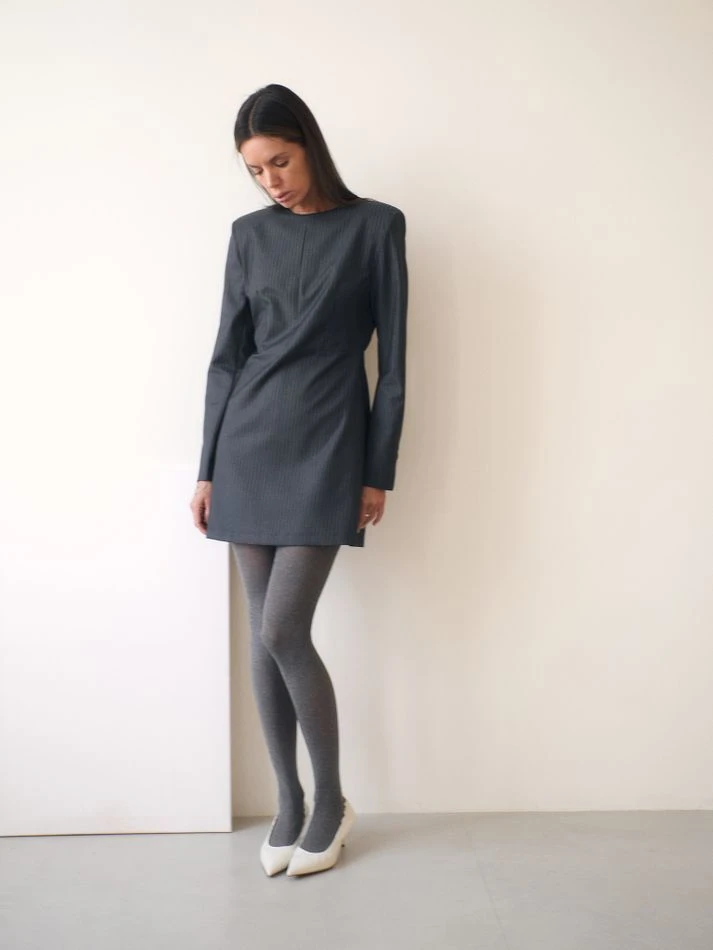 Платье мини с поясом, серый (принт:Полоска)