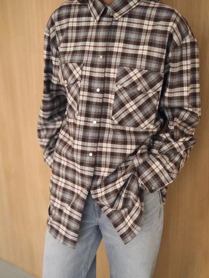 Рубашка в клетку на кнопках, шоколадный