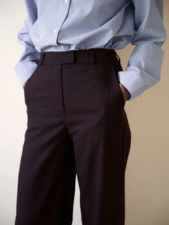 Брюки прямые из шерсти, бордовый (принт:Полоска)