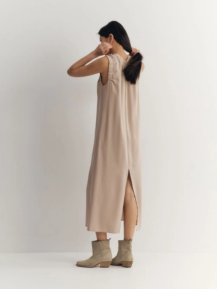Платье миди без рукавов со сборками, светло-бежевый
