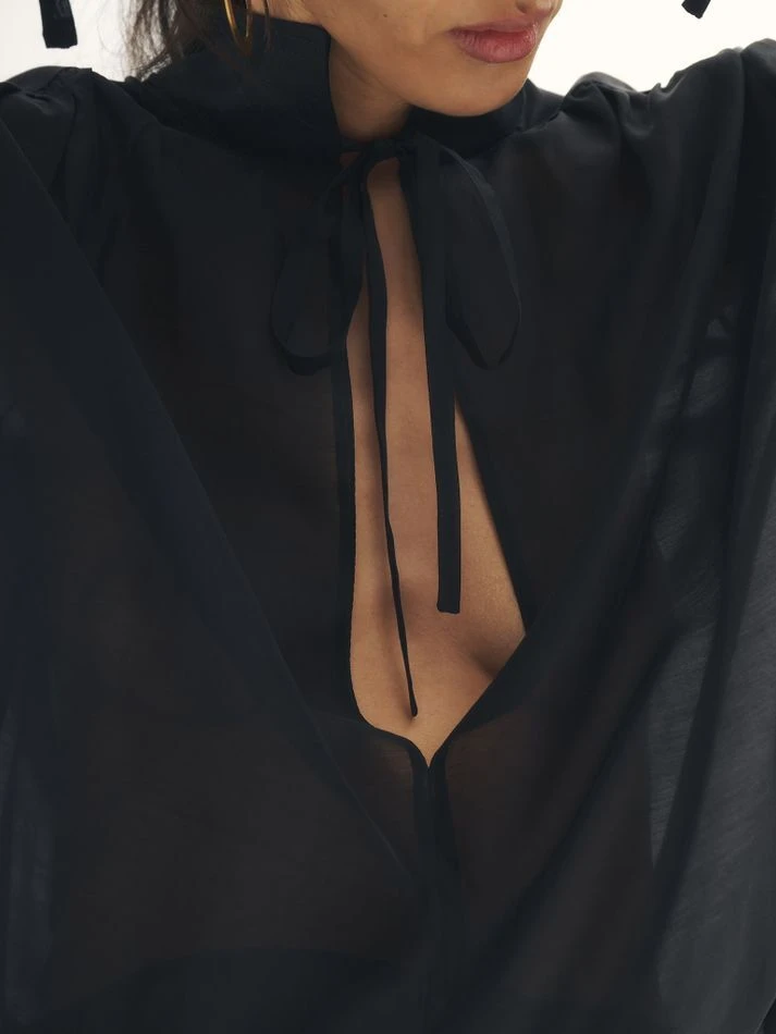 Блуза из органзы с завязками, черный