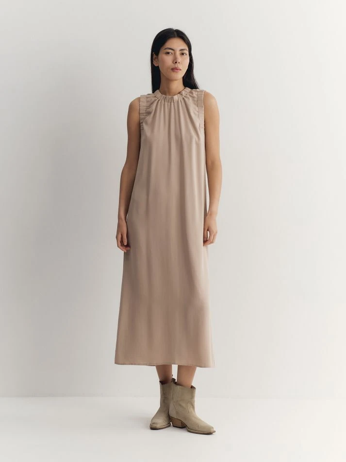 Платье миди без рукавов со сборками, светло-бежевый
