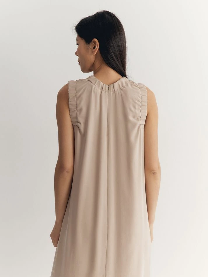 Платье миди без рукавов со сборками, светло-бежевый