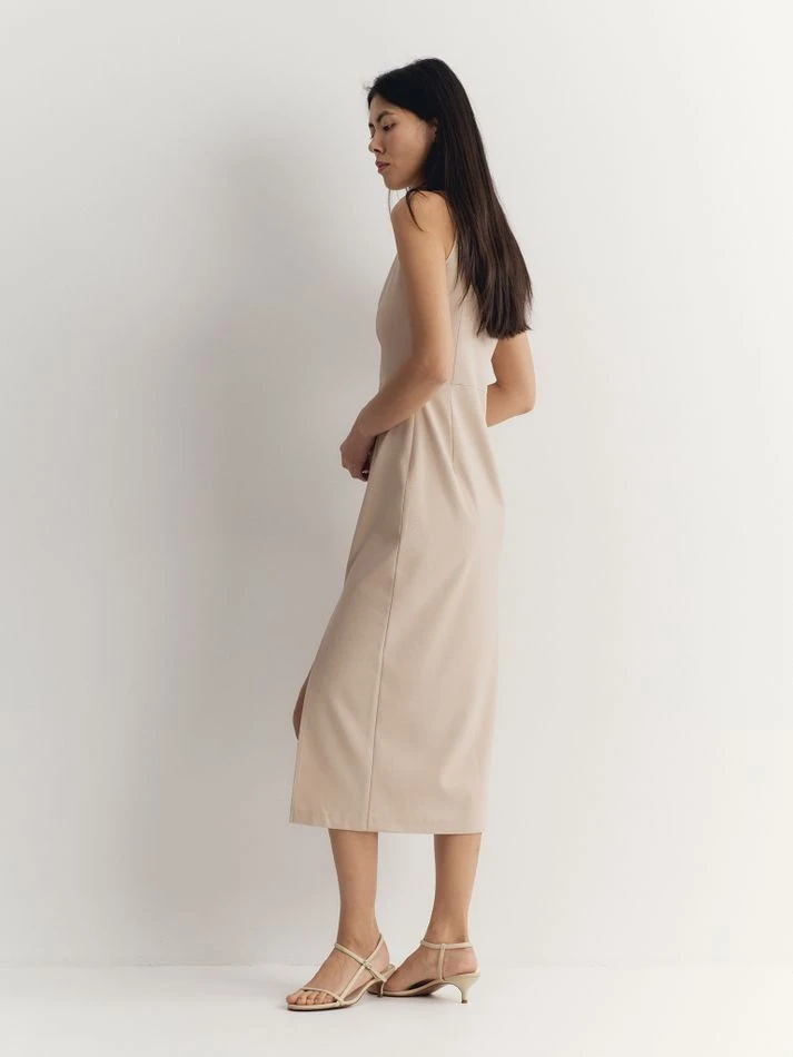 Платье миди с разрезом, светло-бежевый