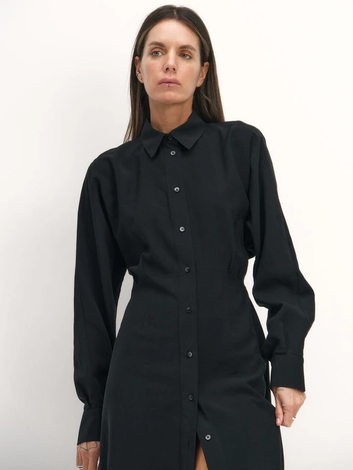 Платье-рубашка с защипами на талии, черный