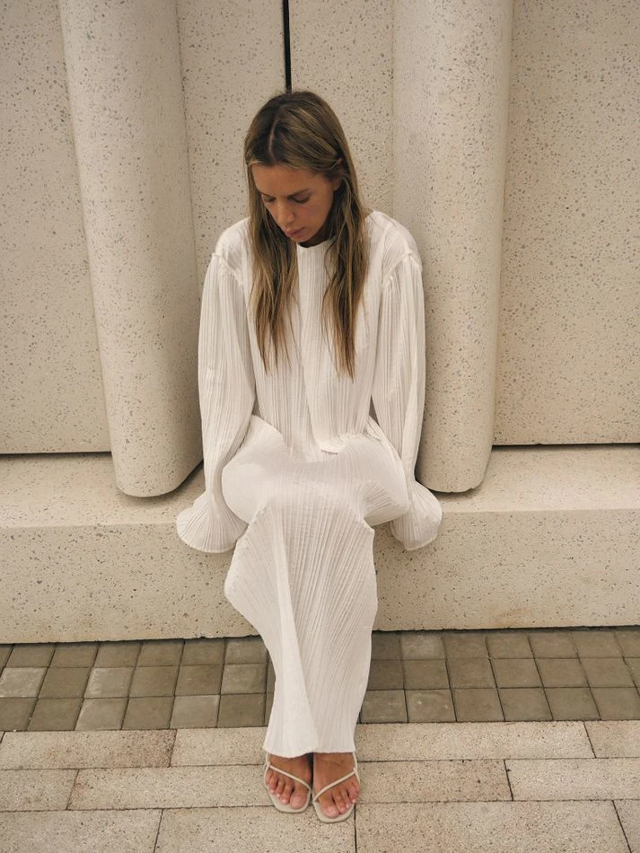 Платье гофре макси, молочный