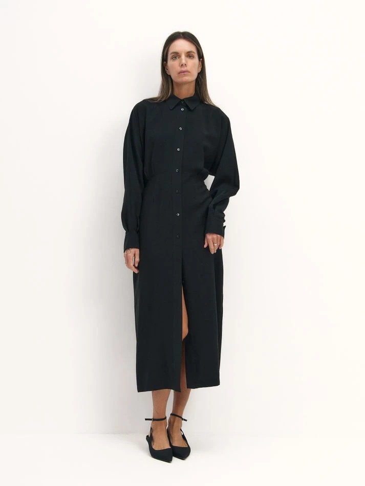 Платье-рубашка с защипами на талии, черный