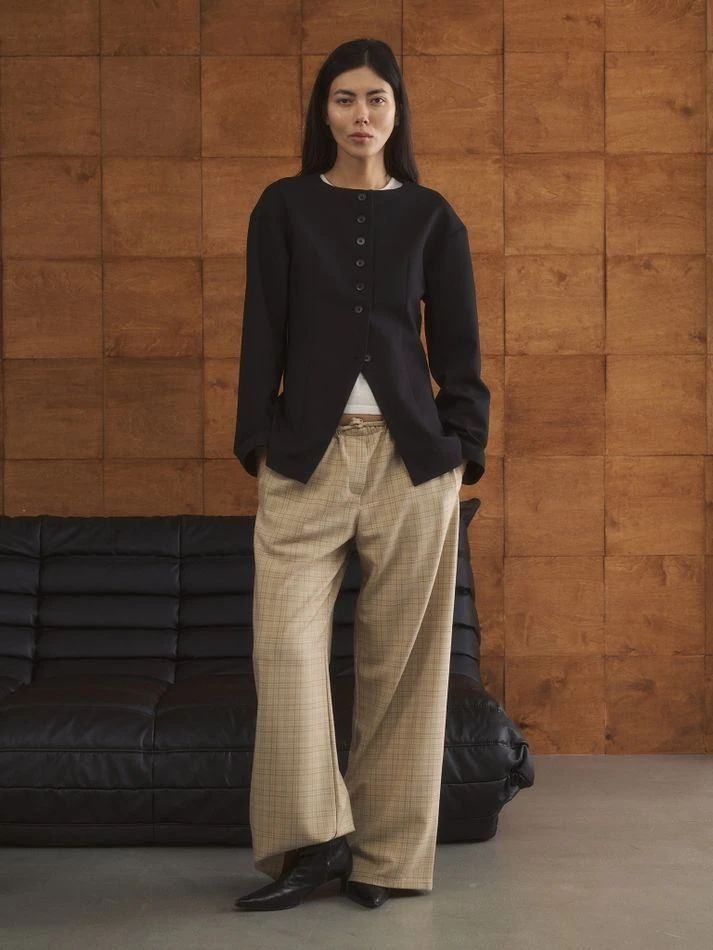 Брюки в клетку на кулиске, бежевый