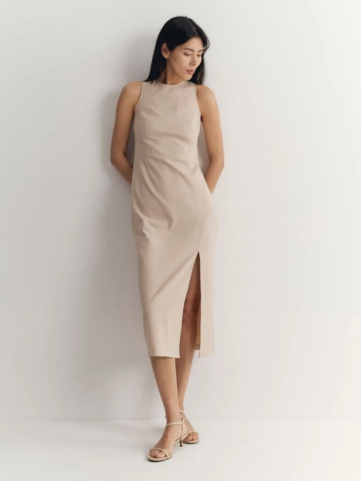 Платье миди с разрезом, светло-бежевый