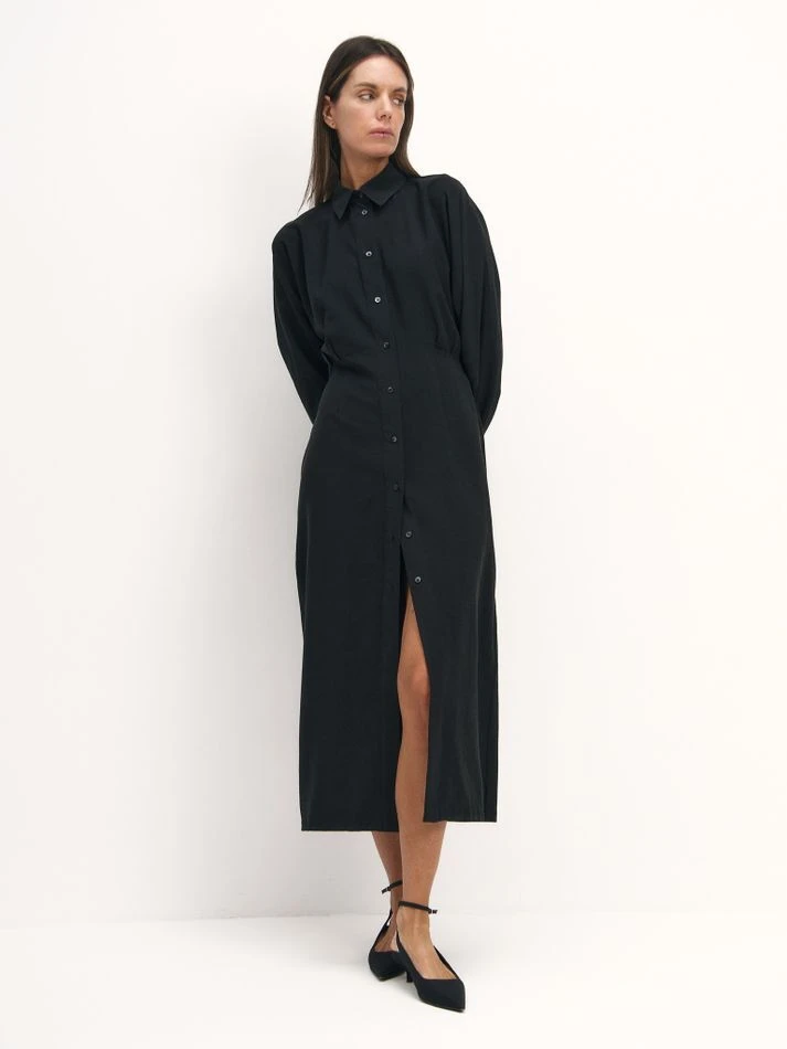 Платье-рубашка с защипами на талии, черный