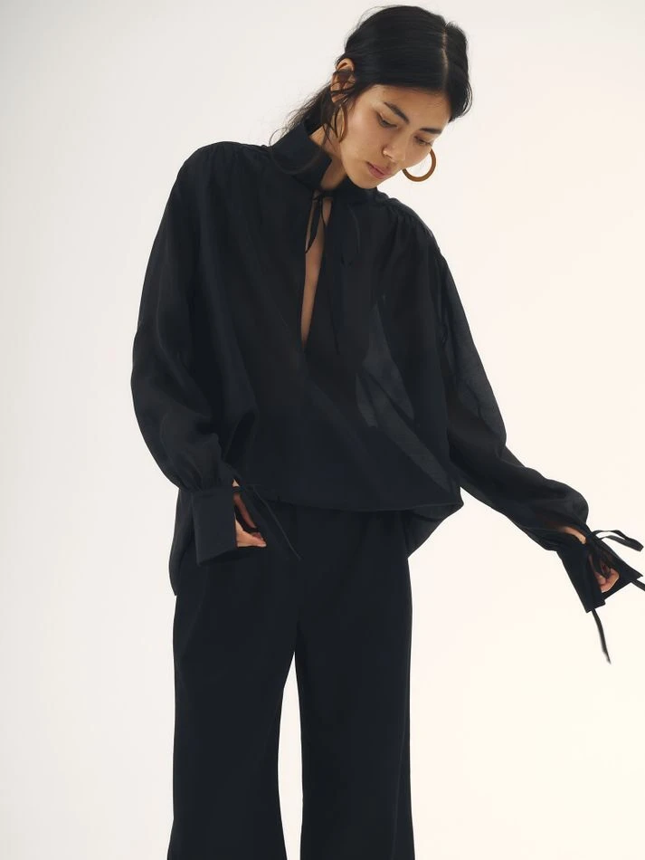 Блуза из органзы с завязками, черный