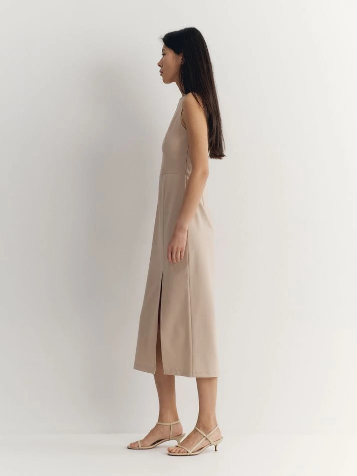 Платье миди с разрезом, светло-бежевый