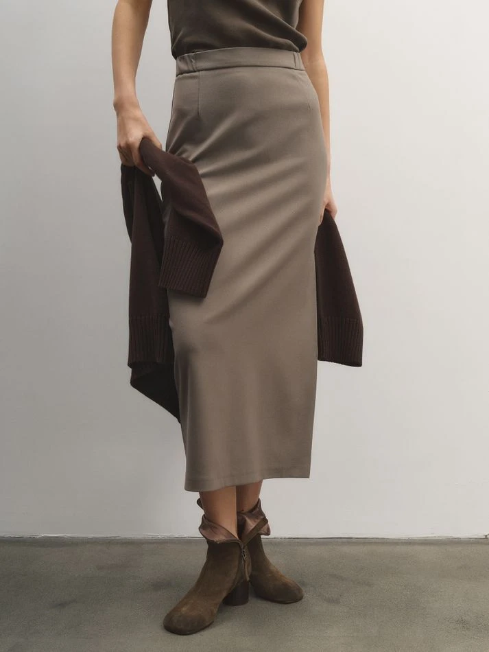 Юбка миди со шлицей сбоку, хаки