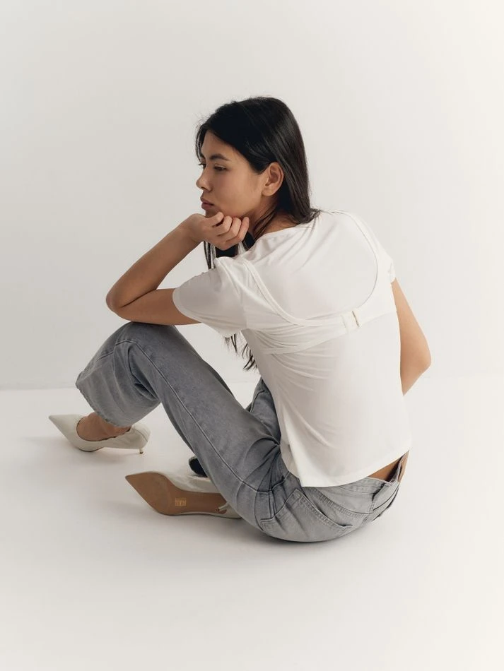 Футболка с лифом, молочный