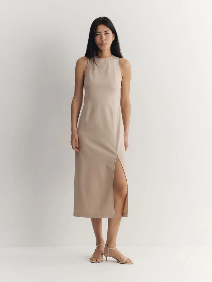 Платье миди с разрезом, светло-бежевый
