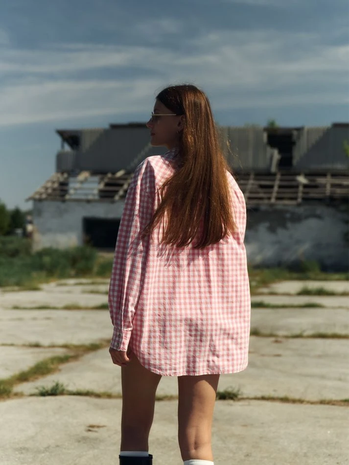 Рубашка в клетку на кнопках, розовый