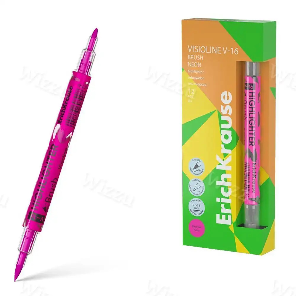 Двухсторонний текстмаркер ErichKrause Visioline V-16 Brush Neon, цвет чернил розовый (в коробке по 12 шт.) Арт.6079