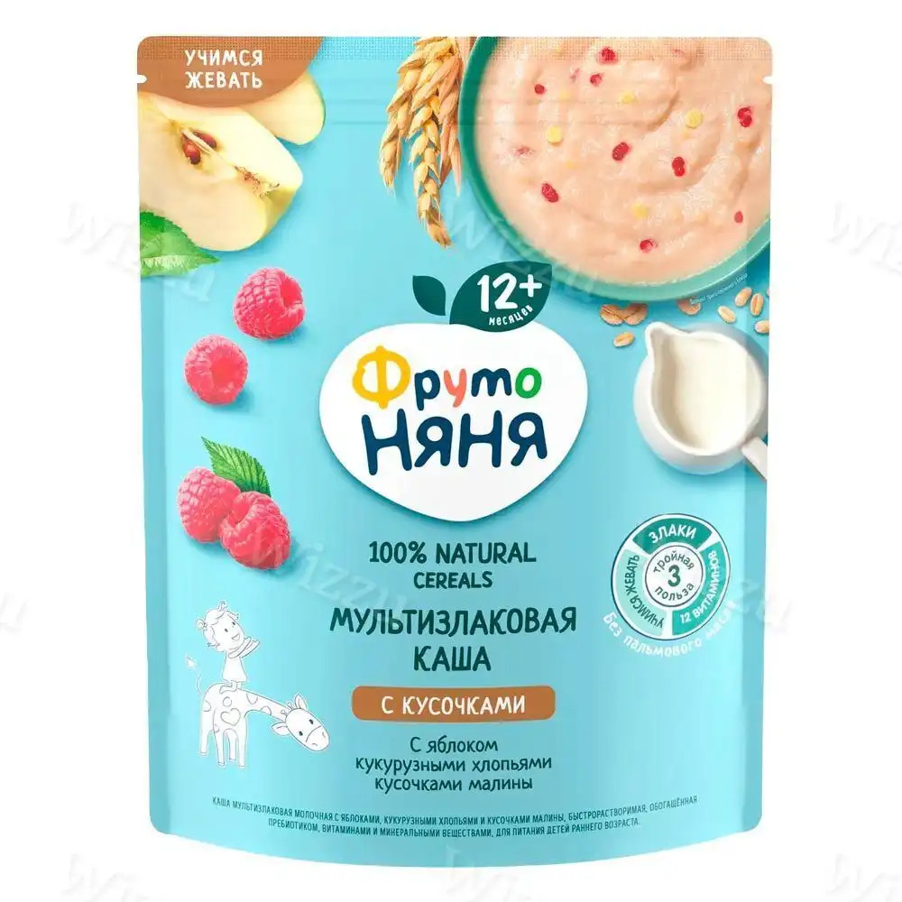 Каша ФрутоНяня мол. мультизлаковая с яблоком-кукурузн. хлоп. кусоч. малины 200г