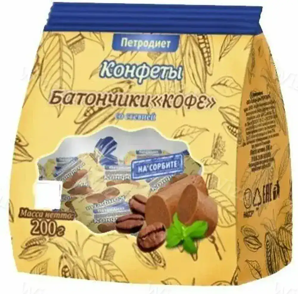 Конфеты Петродиет неглазированные пралине Батончики на Сорбите со Стевией КОФЕ 200г
